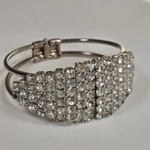 Vintage Bracelet Rhinestone Clamper Hinged Cuff Wide Statement - Picture 1 of 13