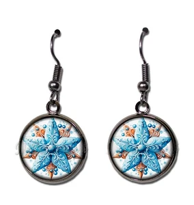 Pretty Blue Brown Snowflake - Handmade Round Resin Dangling Earrings 16mm - Picture 1 of 6