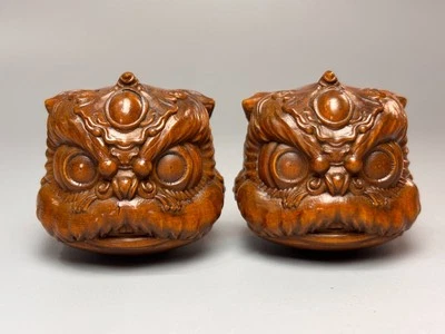 Par de estatua de danza de león Fengshui tallada a mano de boj exquisita de 45 mm W513 Foto 1 de 4