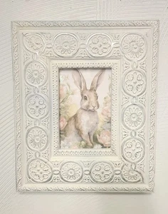 White & Silver Painted Wood Frame w/Bunny Rabbit Picture Hanging 4"×6" Photo - Picture 1 of 11