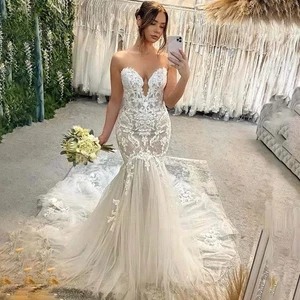 Vestidos de novia de sirena encaje sin espalda línea A vestido de novia apliques de novia - Imagen 1 de 8
