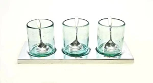Salsa Set, Aluminum Tray with 3 Glass Bowls and Spoons-12 7/8 Inches Long - Picture 1 of 3