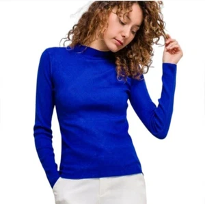 LILIE ROSE STRI BLÅ Royal blue long sleeve Stretch Mock Neck Top shirt Size S/M - Picture 1 of 13