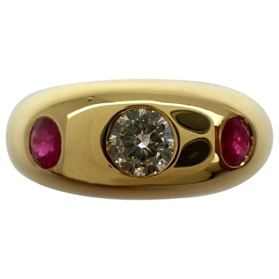 Vintage Cartier Diamond Ruby Daphne 18k Yellow Gold Three Stone Domed Ring EU50 - Image 1 of 4