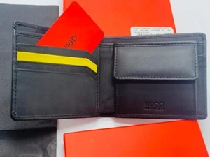 NEW MEN HUGO BY HUGO BOSS SUBWAY 4CC BIFOLD BLACK LEATHER WALLET COIN POCKET - Picture 1 of 9