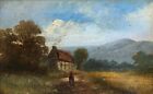 British School Signed Antique Oil Painting Cottage & Figure Corn Field Landscape