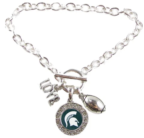 Michigan State Spartans Green Multi Charm Love Football Silver Bracelet Jewelry Cover