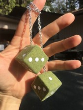 Olive Green & White Fuzzy Dice! New Product Car or Truck Hand Made in USA Tree