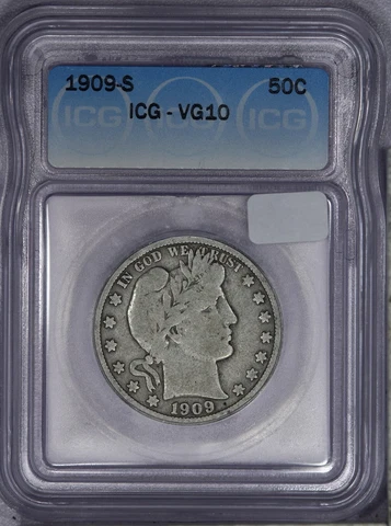 1909-S Barber Half Dollar 50c ICG VG10 Cover