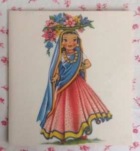 Vintage 1940s UNUSED Pretty Indian Girl Doll of India Greeting Card Sari Litho - Imagen 1 de 5