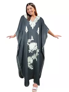 Womens Maxi Kaftan Dress Boho Hippie Black Embroidered Resortwear Dress L-2XL - Picture 1 of 1
