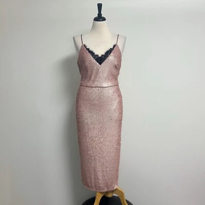 Allen Schwartz Pink Sequins Black Lace Sleeveless V Neck Bodycon Midi Dress NWT - Image 1 of 4