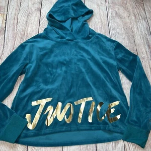 Justice Active Size 10 Velour Dark Teal Hooded Sweatshirt Crop - Picture 1 of 3