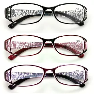 3 Pairs Women Rectangular Floral Readers - Fashion Reading Glasses Flower Bulk - Picture 1 of 6