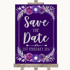 Wedding Sign Poster Print Purple & Silver Save The Date