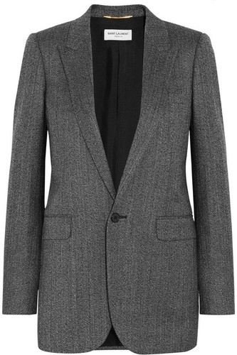 SAINT LAURENT (YSL) Elegante cappotto Saint Laurent singolo bottone grigio motivo spina di pesce Made in Italy