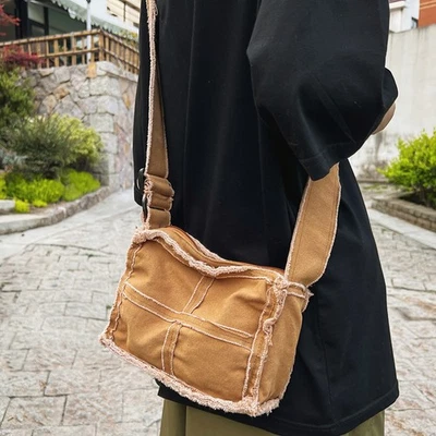 Canvas Messenger Bag Men Women Shoulder Bag Trendy Solid Color Crossbody Bags - Image 1 of 4