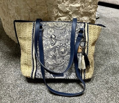 SAKROOTS Azul Floral Paja Bolso de Mano Forrado Monedero Bolsillos Llavero Foto 1 de 4