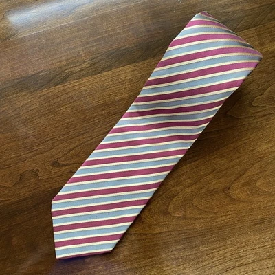 Franco's Brioni 100% Silk Tie Necktie Mens Italy Made Stripe Burgundy Gold 62" - Image 1 of 4