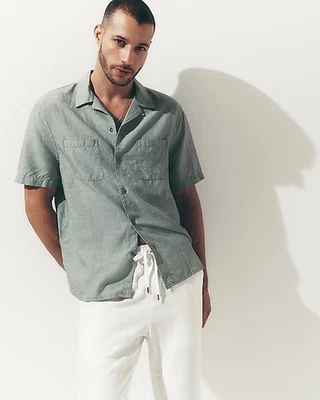 Express Men's Linen-Blend Double Pocket Short Sleeve Shirt - Calcite, Size XL - Image 1 of 4