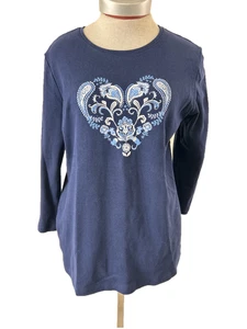Kim Rogers knit top size M Perfectly Soft 3/4 sleeve cotton pullover blue heart - Picture 1 of 4