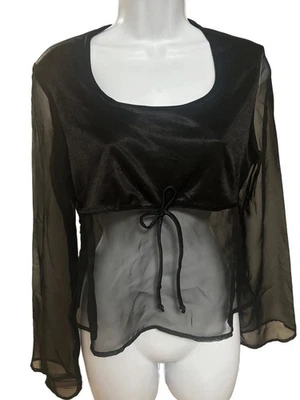 VTG 80s 90s Suzy Phillips Sheer Black Chiffon Top Drawstring Goth Fairy M Y2K - Image 1 of 4