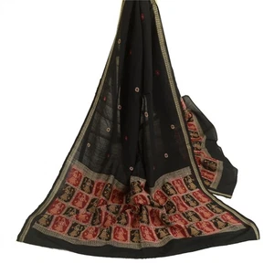 Sanskriti Vintage Black Pure Cotton Dupatta Long Stole Woven Baluchari Scarves - Picture 1 of 9