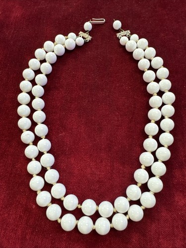 VETEMENTS Collana Vintage Doppio Filo Acrilico Bianco Annodato Perline Bianche 16” L. A7