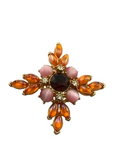 Vintage Maltese Cross Pink Glass Moonstones Crystals Amber Garnet Brooch Pin - Picture 1 of 6