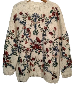 Vintage 1990s Express Tricot Sweater Large Pullover Floral Angora Wool Blend - Picture 1 of 24