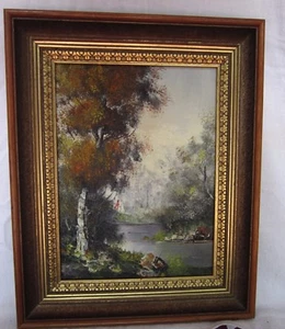 Vintage unsigniert Original Öl auf Leinwand - Mann im Wald am Bach - gerahmt - sehr guter Zustand - Bild 1 von 12