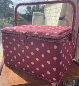Used sewing box, basket. Pink polka dot design - Picture 1 of 8