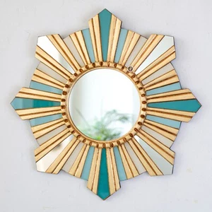 Decorative Round Mirror wall 17.7in, Turquoise Wooden Mirror living room decor - Picture 1 of 7