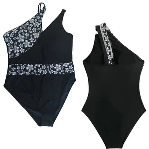Womens Size Large/12 Swimsuit Black White Floral One Shoulder Vacation Cruise - Picture 1 of 7