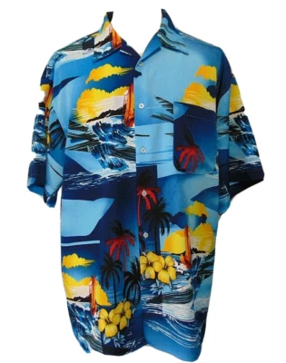 Koman 运动夏威夷衬衫男式 XL 纽扣花卉海洋风冲浪蓝色 — 第 1/4 张图片