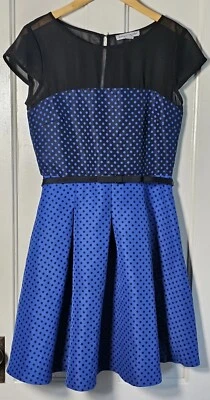 Vestido DANNY & NICOLE Para Mujer Talla 10 Negro Azul Lunares Cinturón S/S Fit-n-Flare Foto 1 de 4