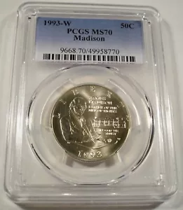 1993-W 50c SILVER PCGS MS70 JAMES MADISON COMMEMORATIVE HALF DOLLAR MS 70 - Picture 1 of 4