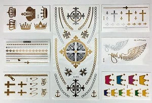 NEW Sparkle Metallic Temporary Fake Tattoos Gold Silver CROSS & KINGS PACK - Picture 1 of 4
