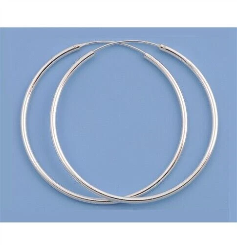 Continuous Hoop Earrings Genuine Sterling Silver 925 Jewelry Gift 2 mm x 80 mm - Image 1 of 1