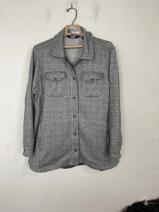 Lands End Womens Shacket 1X Gray Plaid Fleece Lined Button Shirt Jacket Preppy - Picture 1 of 12