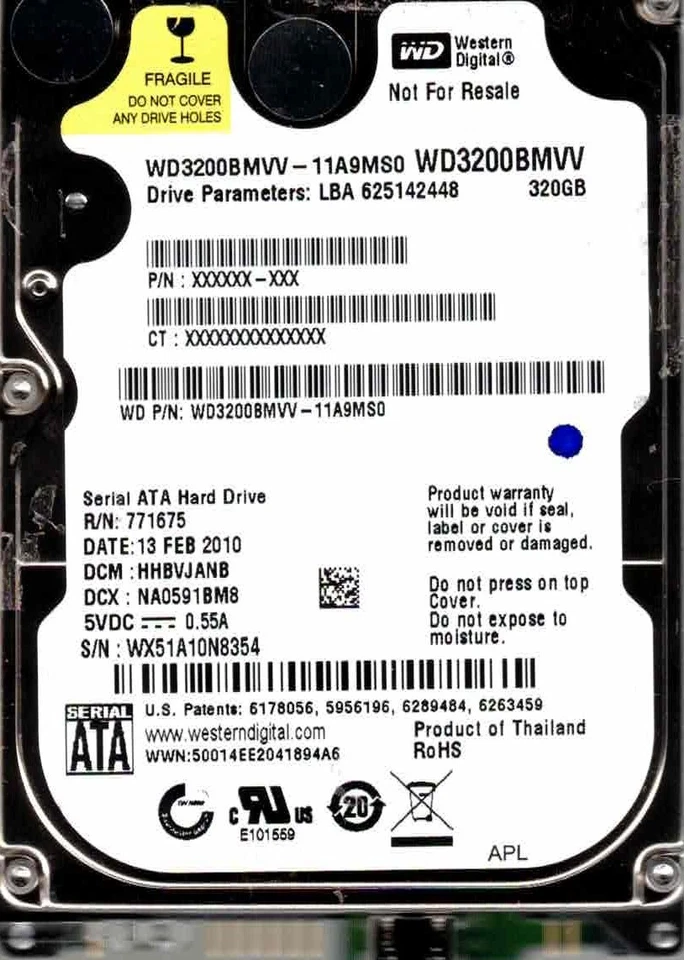 WD3200BMVV-11A9MS0,   HHBVJANB,  WD MicroUS 320GB  FEB 2010  WX51 - Image 1 of 1