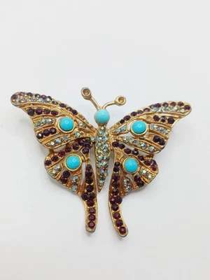 AS IS Vintage Turquoise Rhinestone Butterfly Figural Brooch Pin AB Red glass pot - Image 1 of 4
