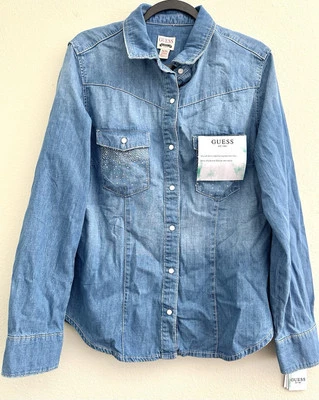 GUESS Tejido Campesino Top Blusa Camisa Boho Denim Tachonado Azul Sólido Talla XL NUEVO Foto 1 de 4