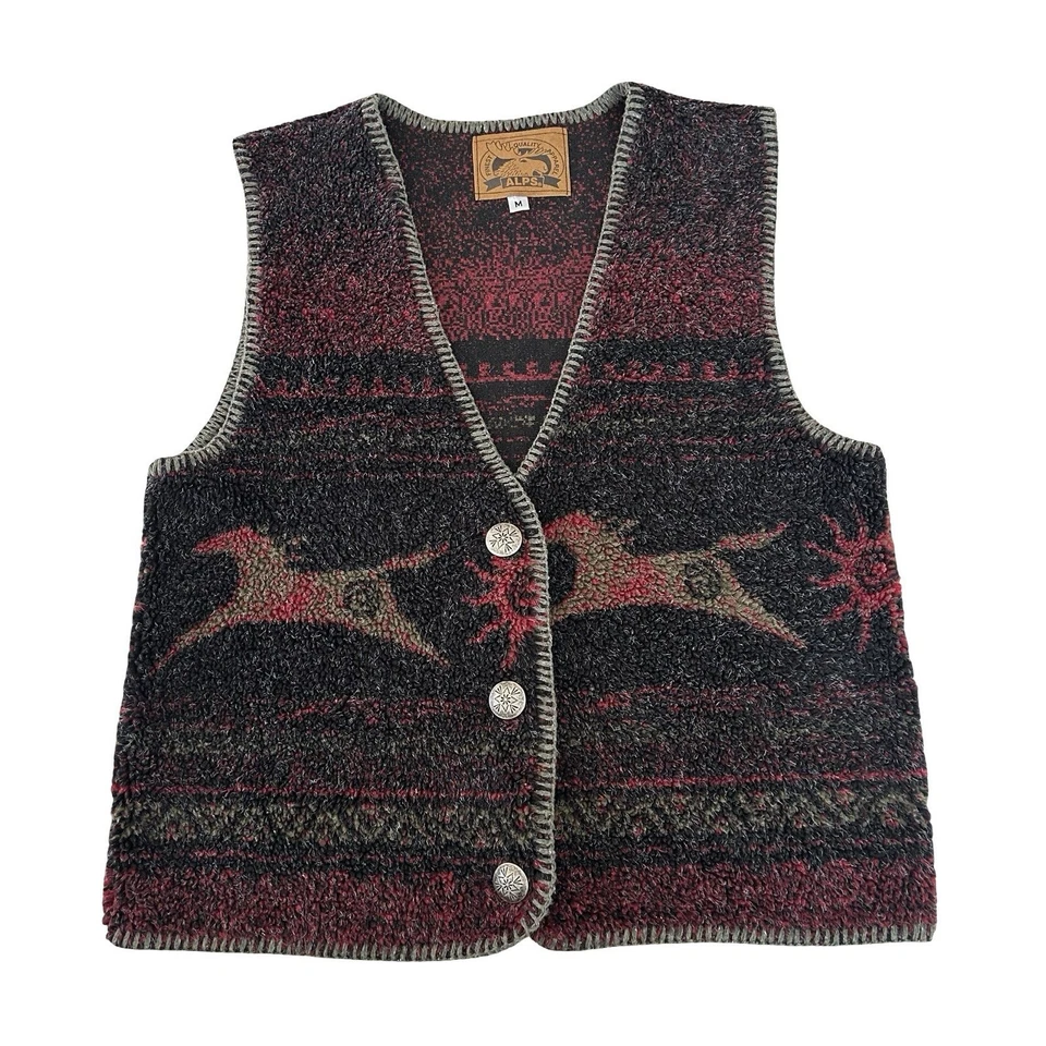 Chaleco con botones de lana Alps Pile para mujer talla M negro y rojo azteca de colección hecho en EE. UU. Foto 1 de 4