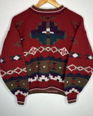 Vintage L.L. Bean пуловер свитер ручной вязки Aztec шерсти красный многоцветный Sz M - Изображение 1 из 4