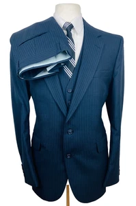 VINTAGE Mens 43R Navy Stripe Soft 3 Piece Suit With Vest & Dress Pants 36x29 - Picture 1 of 15