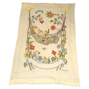 Vintage Embroidered Needlepoint Baby Blanket Quilt Baby Hammock Bee Sunflower  - Picture 1 of 7