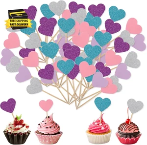 50Pcs Heart Cupcake Toppers, Multicoloured Glitter Heart Cupcake Toppers, Mini B - Picture 1 of 8