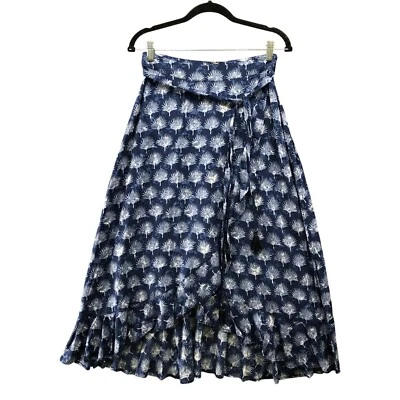 Falda Tommy Bahama Midi Talla 2 Azul Estampado de Palma Volantes Imitación Envoltura Borla Cintura Corbata Foto 1 de 4