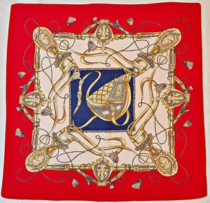 SCARF VINTAGE AUTHENTIC YVES ROCHER ROYAL HUNTING ART RED 30" SQUARE - Picture 1 of 5